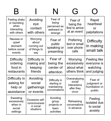 Social anxiety Bingo Card