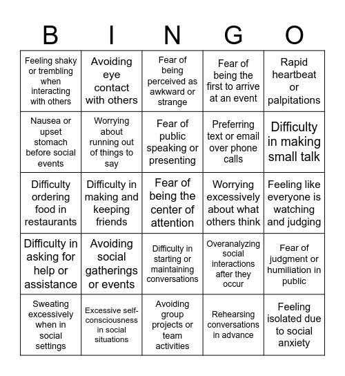 Social anxiety Bingo Card