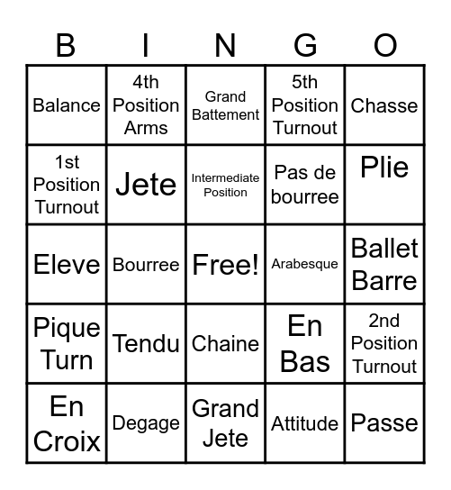 Ballet Vocabulary Bingo Card