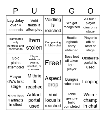 Public Lobby Bingo Card