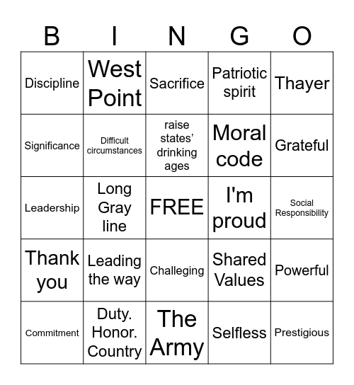 Thayer Award Speech Bingo Card