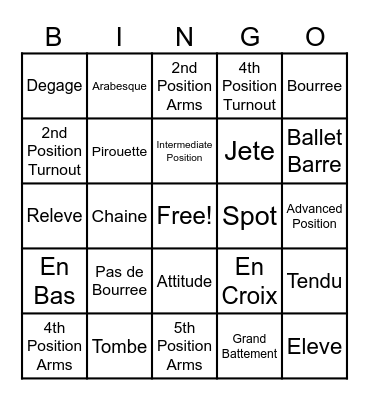 Ballet Vocabulary-Dance I Bingo Card