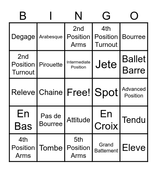 Ballet Vocabulary-Dance I Bingo Card