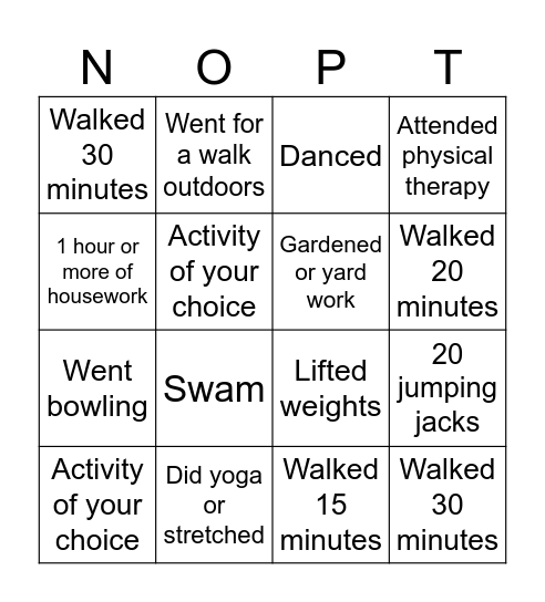 Physical Therapy Bingo! Bingo Card