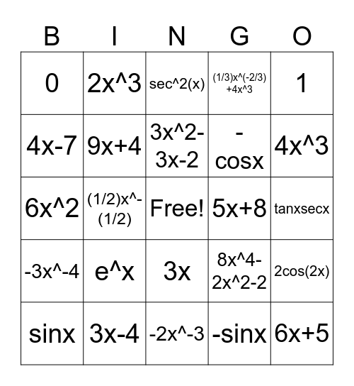 Derivative Bingo Card