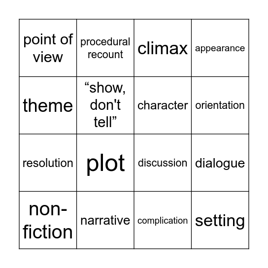English Revision Bingo Card