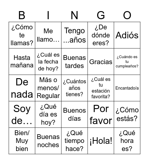 UNIT 1: Spanish Greetings and Introductions Bingo Card