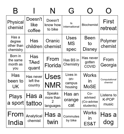 10th Annual Departmental Graduate Research Retreat Bingo Card