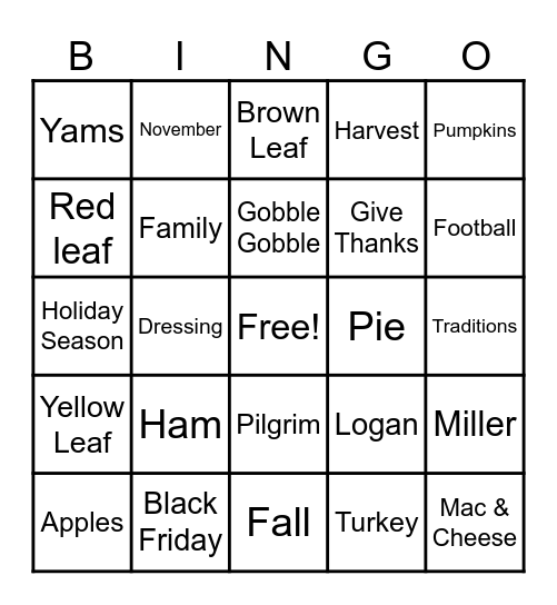 Thanksgiving BINGO Card