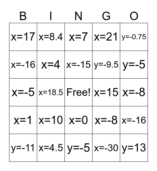 Two-Step Equation BINGO Card