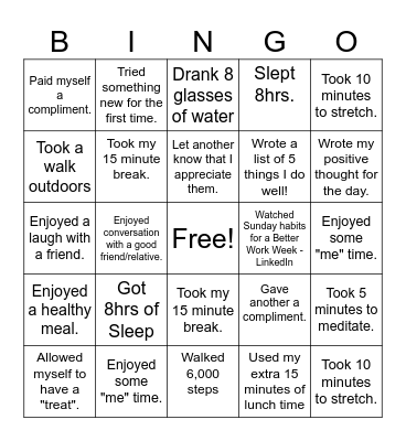 Mental Wellness Month Bingo Card