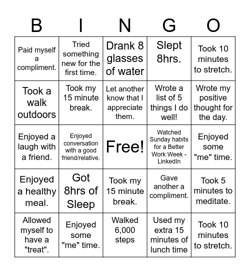 Mental Wellness Month Bingo Card