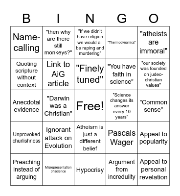 Shitty Theist Bingo Card