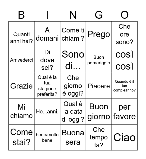 UNIT 1: Italian Greetings and Introductions Bingo Card