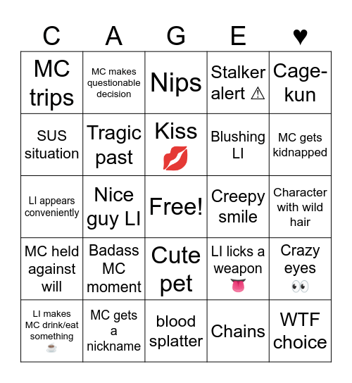 Yandere Bingo Card