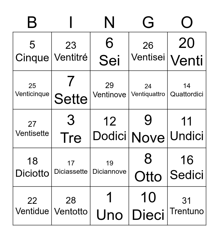 Unit 1: Italian Numbers 1-31 Bingo Card