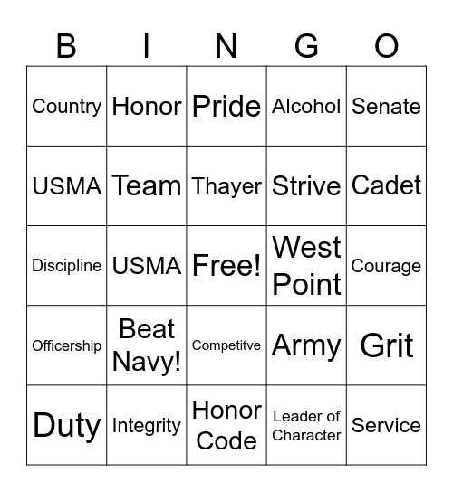 USMA Thayer Award Bingo Night Bingo Card
