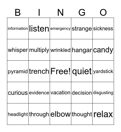 Word Bingo Card