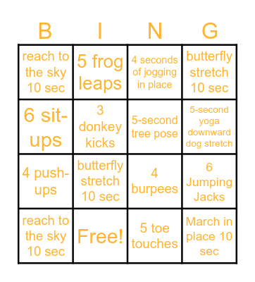 Fitness Bingo Card