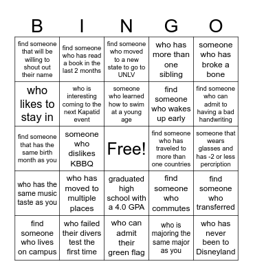 Kuyate finding Ading Edition Bingo Card