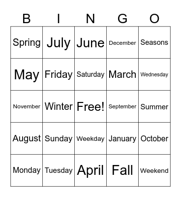 Days of the Week & Months of the Year Bingo Card