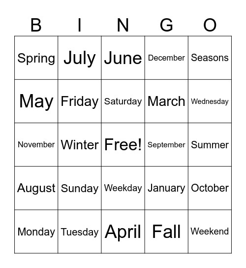 Days of the Week & Months of the Year Bingo Card