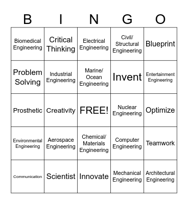 Intro to Engineering BINGO Card