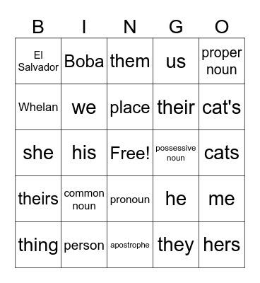 Noun Practice Bingo Card