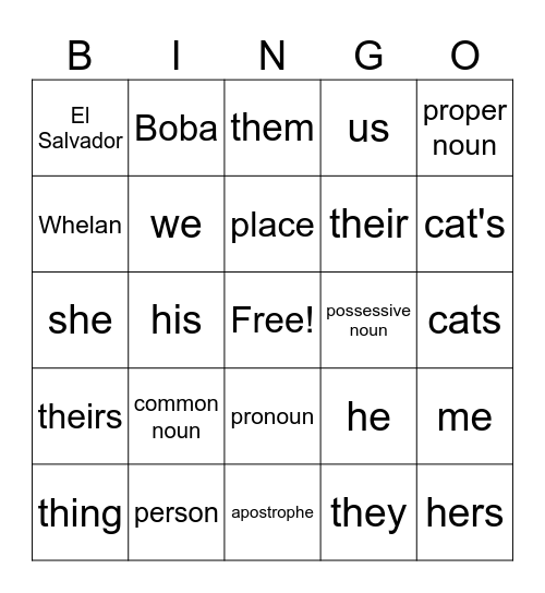 Noun Practice Bingo Card