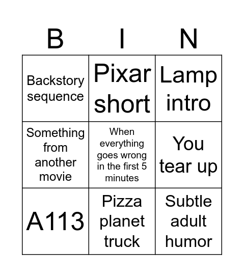 Pixar Bingo Card