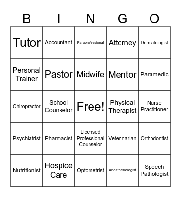 Community Resources Bingo Card