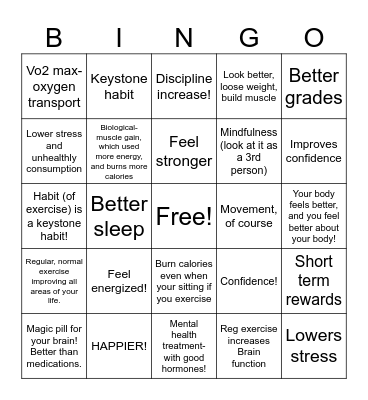 Benefits of Exercise Bingo Card