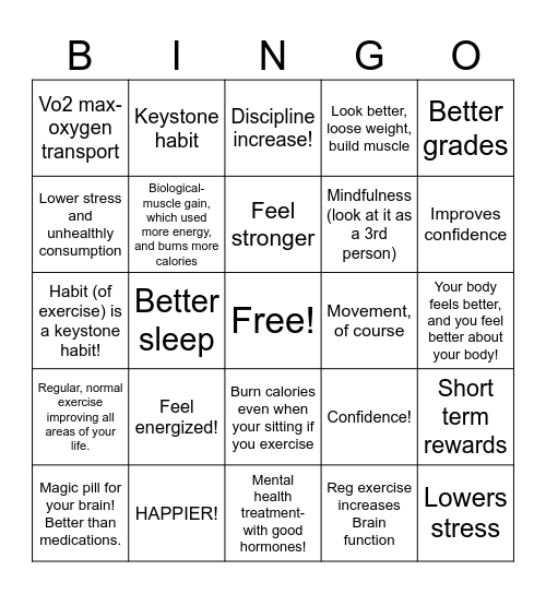 Benefits of Exercise Bingo Card