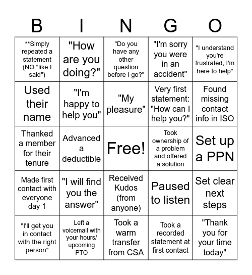 Customer Experience Bingo Card