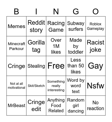 YtShorts Bingo Card