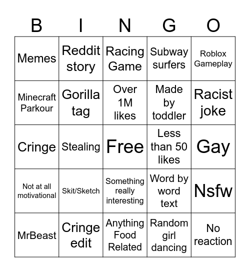 YtShorts Bingo Card