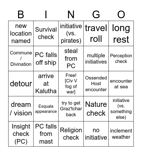 Not Living, Not Dead, But At Sea [Critical Role 3.73] Bingo Card