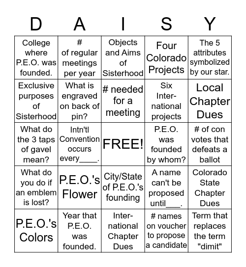 P.E.O. CONSTITUTION Bingo Card