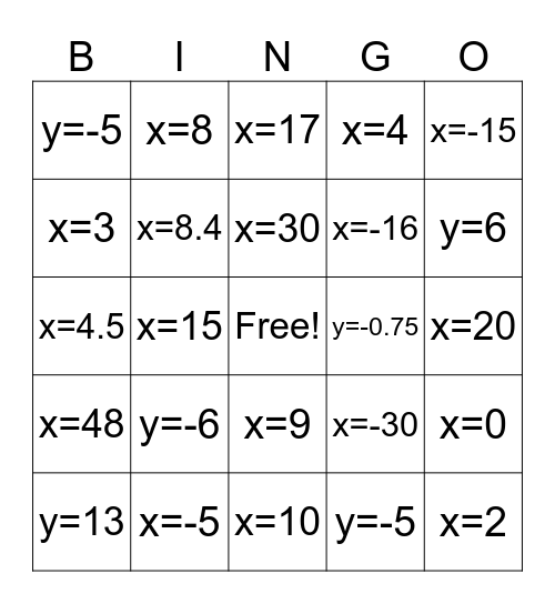 Two Step Equations Bingo Card