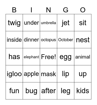 Short Vowel Bingo Card