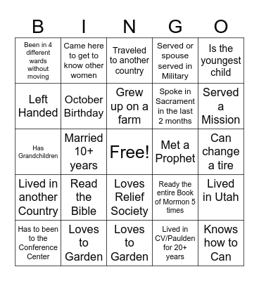 Sister Bingo Card