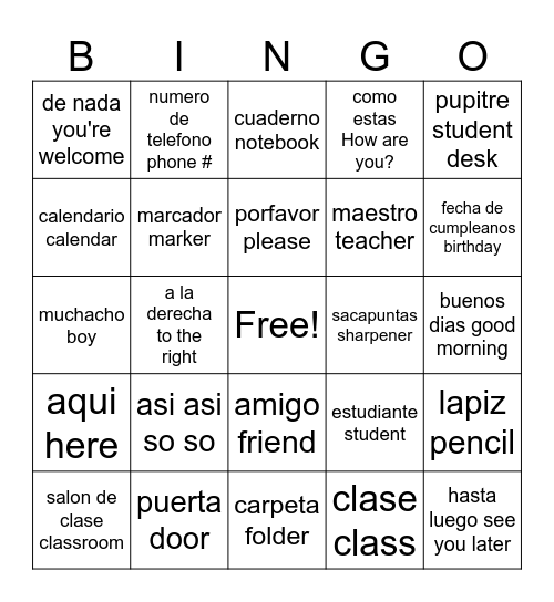 Vocabulary Bingo Card