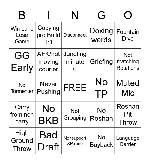 Dota 2 Pain Bingo Card