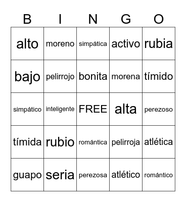 Spanish Adjectives Bingo Card