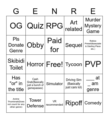 Roblox Genre Bingo Card