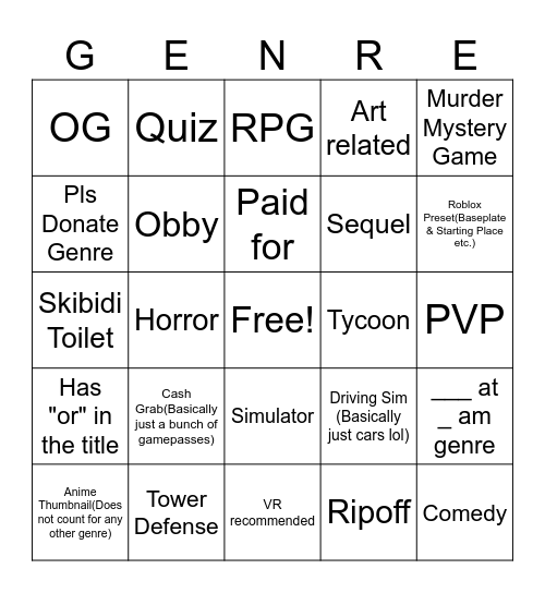Roblox Genre Bingo Card