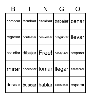 Common -ar verbs Bingo Card