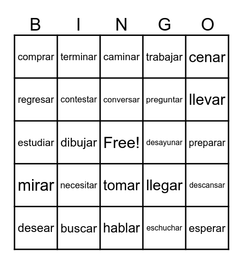 Common -ar verbs Bingo Card