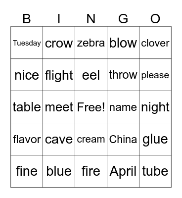 Long Vowel Bingo Card
