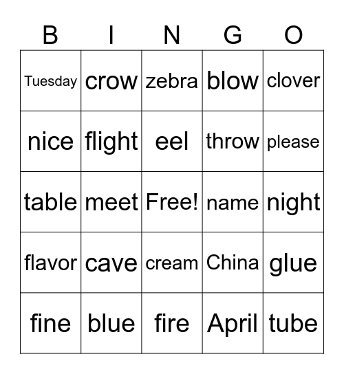 Long Vowel Bingo Card